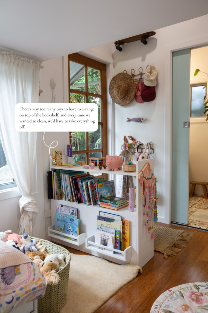 Kids bookshelf storage baskets.